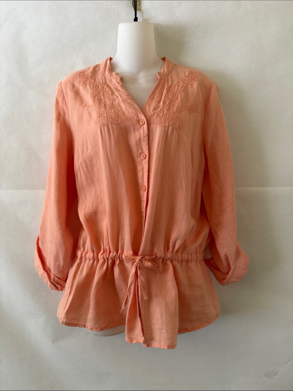 August Silk Petite Button Linen Tunic Size Peach Embroidered Cinch Waist Coastal